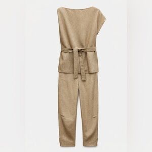 Zara Beige Belted Jumpsuit